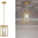 LMQNINE Dining Room Light Fixture Semi Flush Mount Ceiling Light, Industrial Farmhouse Chandelier Gold Metal Crystal Pendant Light for Hallway Balcony Kitchen Island (Square 1-Light) (Square-6.29in)