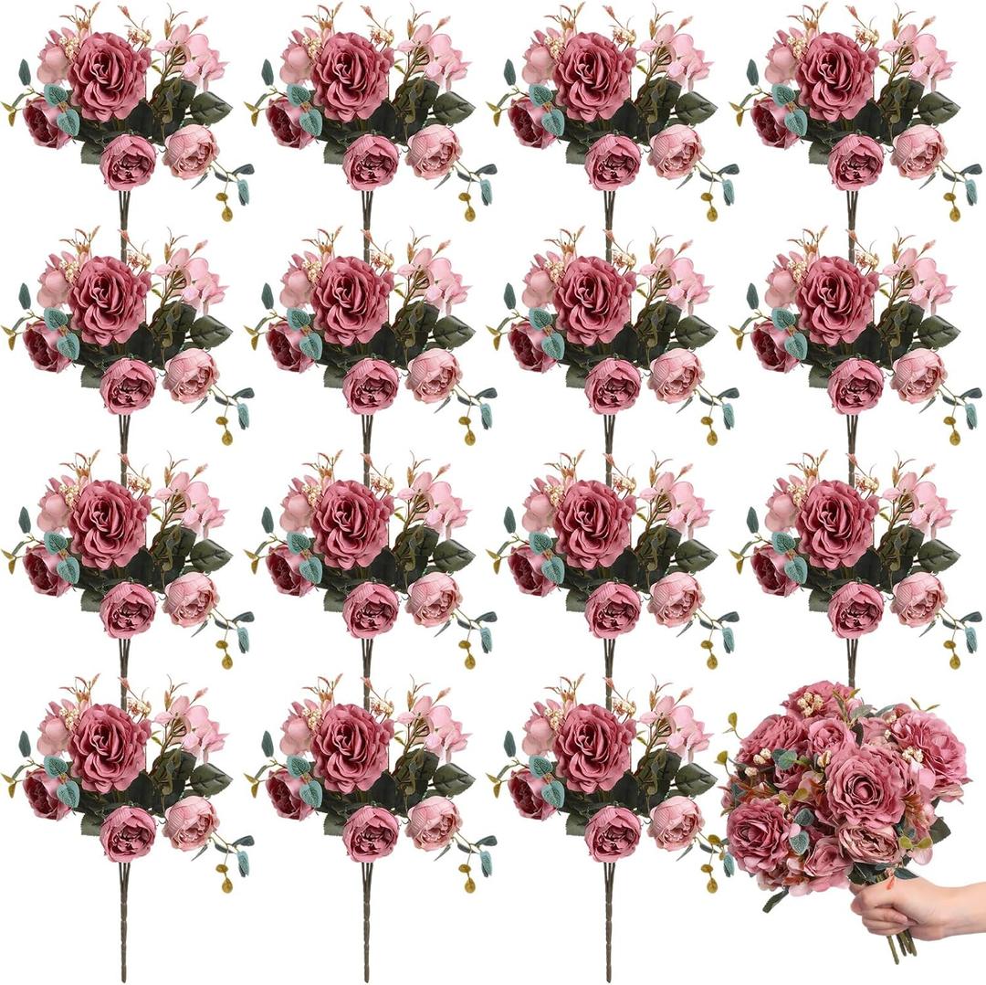 Yunlly 16 Packs Artificial Peony Flowers Faux Peonies Bouquet Silk Vintage Wedding Home Table Door Decor Reusable Bouquet Rose Flowers for Bridal Wedding Birthday Home, (Dark Pink, Elegant)