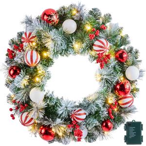 Pre-Lit Artificial Christmas Wreath 24Inch, Christmas Door Decorations Wreath with 50LED Warm Lights, Christmas Balls, Pine Needles, and Red Berries for Front Door Wall Windows X-mas Ornament