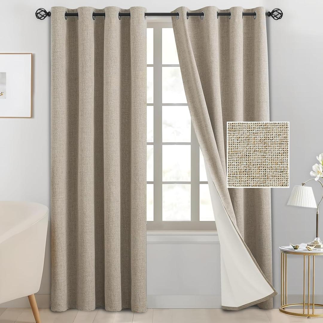 SimpleHome Natural Taupe Linen Curtains for Bedroom,100% Blackout Faux Linen Textured Curtains for Living Room with White Liner Grommet Beige 84 Inch Long 2 Panels, 52"W x 84"L