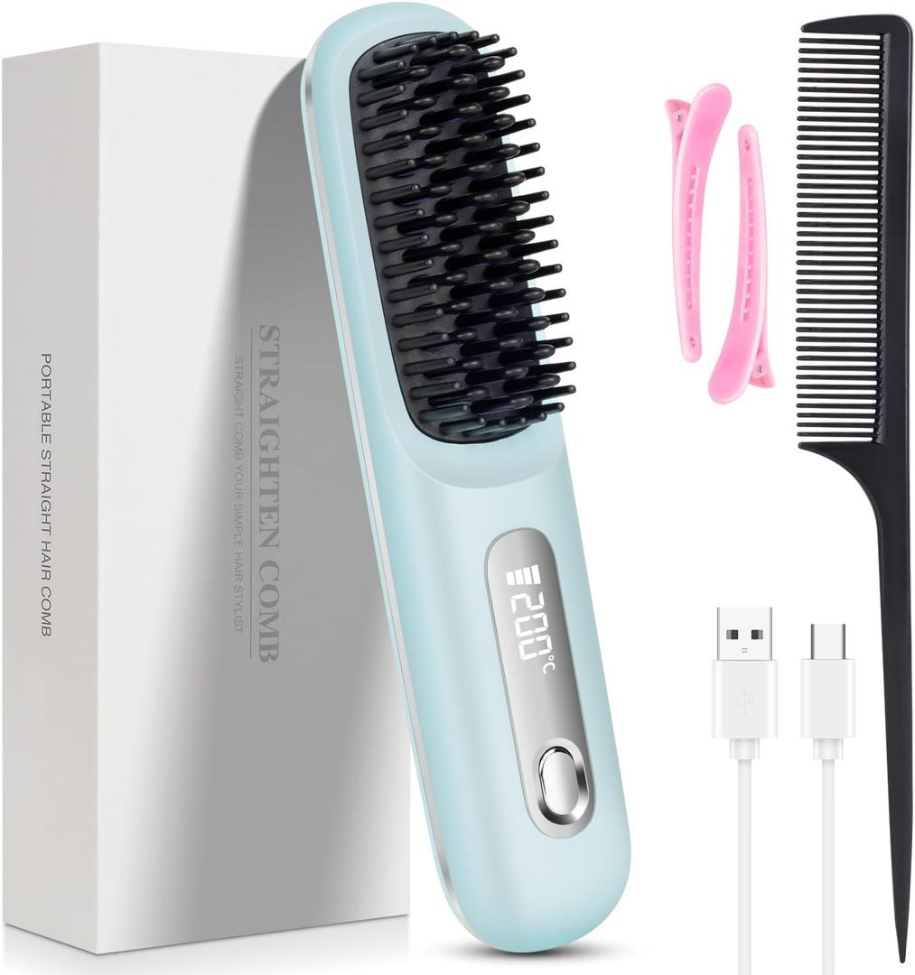 Go Brush Pro, 2026 Cordless Hair Straightener Brush 3 Adjustable Temperature Portable USB Charging Straightener Suitable for All Hair Types (Light Blue)