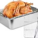 Turkey Roaster Roasting V Rack,15.6*11.6*4 inch Stainless Steel Roasting Pan with 2 Rack(Flat Rack and Rib Rack) for Smoker Smoking/Dual Purpose for Large Big Green Egg and Kamado Joe Etc