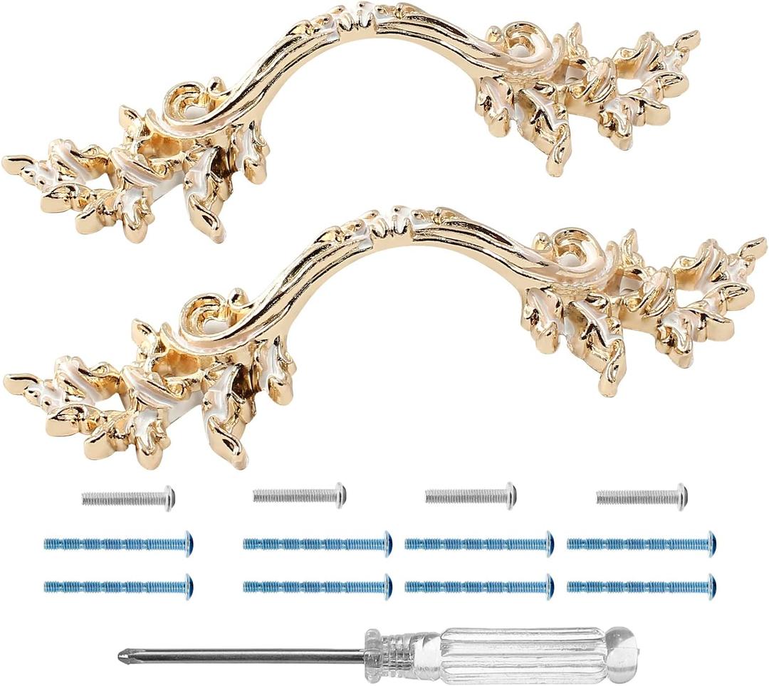 2 Pcs European Style Dresser Pull, 2-1/2 Inch Vintage Cabinet Door Handle, Gold Antique Drawer Pulls, Retro Decorative Hardware for Dresser, Drawer, Closet and Cabinet