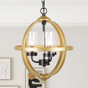 Treekee Rustic Chandelier, 14" Gold Glass Cover Luxurious Hanging Light, 3-Light Globe Vintage Pendant Ceiling Light Fixtures for Living Room Entryway Dining Room