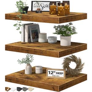 QEEIG 12" Deep Floating Shelves for Wall  12 x 16 inch Book Shelf Bathroom Bedroom Kitchen Living Room Hanging Bookshelf Farmhouse Set of 3, Brown (02640BN3)