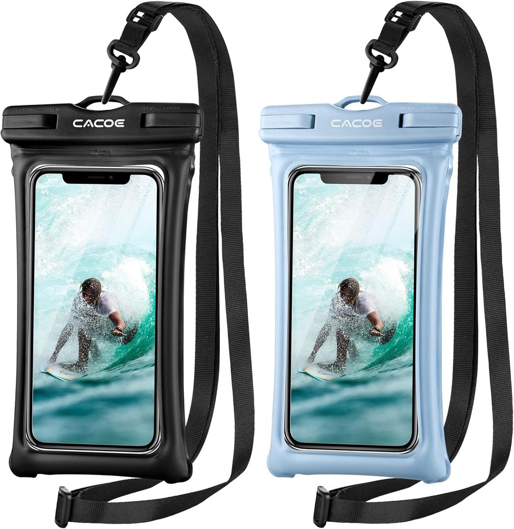 CACOE [Floatable] Floating Universal Waterproof Phone case 2 Pack-Up to 7.0",Phone Pouch with Adjustable Neck Lanyard,IPX8 Cellphone Dry Bags for Vacation Water ActivitiesBlack+Light Blue