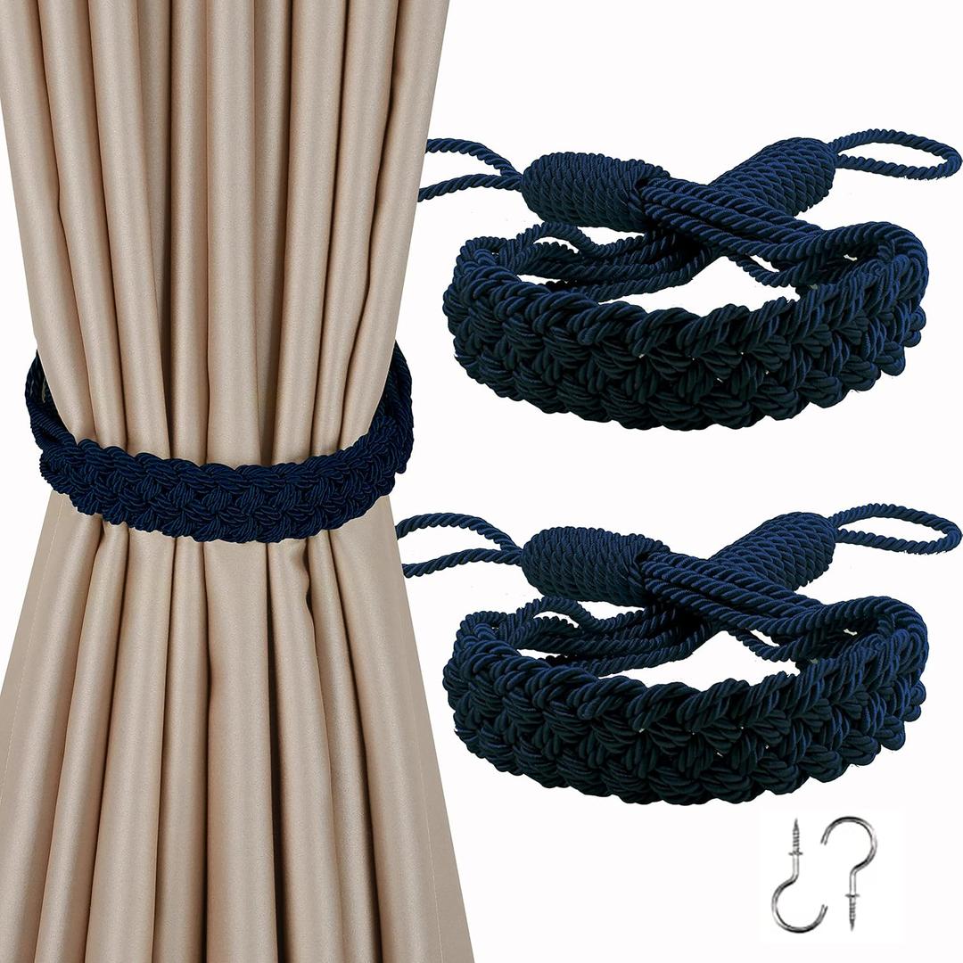 BEL AVENIR Curtain Tiebacks Ropes Hand-Woven Weave Braid Ties Handmade Home Office Decorative Holdbacks with 2 Metal Screw Hooks (Navy)