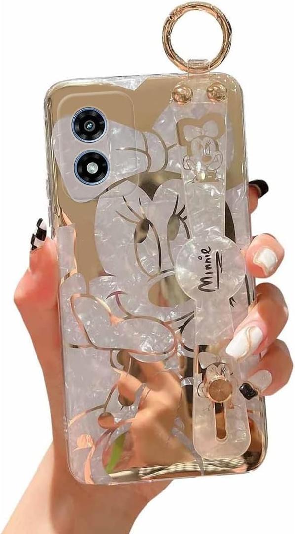 for Motorola Moto G Play 4g 2024 Case [not 5g] Cute with Wrist Strap Stand Glitter Bling Cartoon IMD Soft TPU Shockproof Protective Case Cover for Girls Women - Minnie