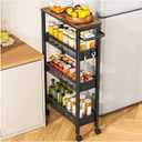 Vivihomety Utility Slim Storage Cart with Wheels, 4 Tier Small Rolling Cart with Wood Top, Metal Kitchen Bathroom Laundry Room Organization Trolley with Handle for Narrow Space Black