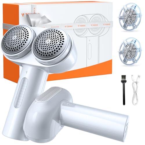 TORRAS Dual-Head Fabric Shaver, Longest Durability & 50ml Large Capacity Rechargeable Lint Removers to Remove Pills, 6-Leaf Blades Defuzzer, Electric Shaver for Clothes Couch Furniture, Pearl White