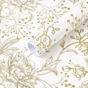 Safiyya Peel and Stick Wallpaper Boho Floral Contact Paper 197" x 17.3" Gold and White Wall Paper Modern Self Adhesive Removable Wallpaper for Bedroom Bathroom Vinyl Rolls