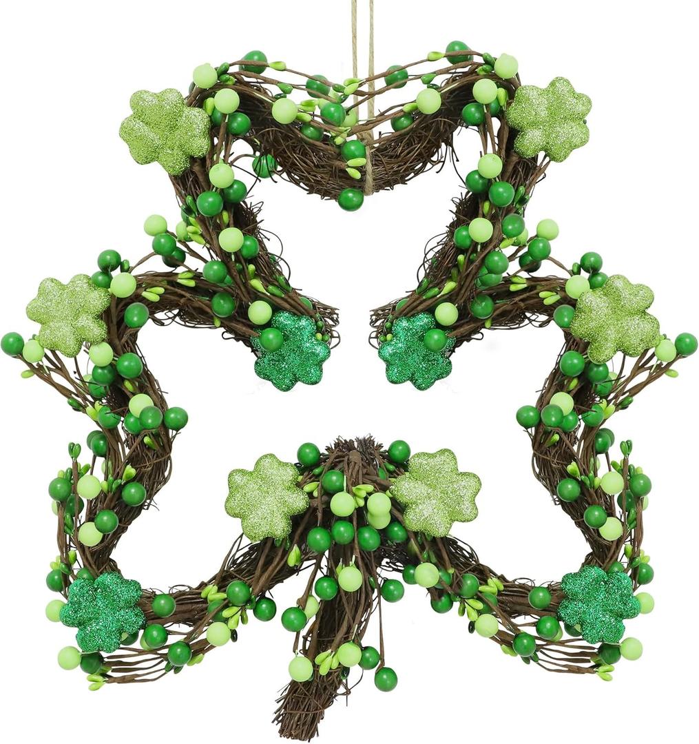St Patricks Day Wreath for Front Door, Artificial Saint Patrick's Day Door Wreath with Glitter Foam Shamrock Green Berries, St Pattys Wreaths Decorations for Wall Mantel