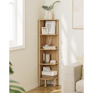 Corner Shelf, 5 Tier Corner Bookshelf, Display Corner Shelf Stand with Storage Rack, Wall Corner Bookshelf for Living Room, Bedroom, Office, Oak