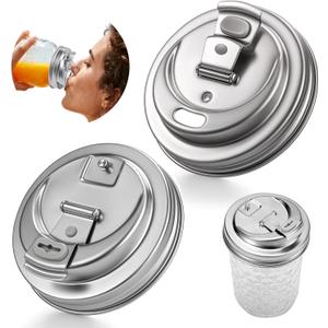 Palksky Mason Jar Drinking Lids, Stainless Steel Wide Mouth Mason Jar Sip Lid accessories, Anti cracking Leak Proof Seal Flip Cap Cover Airtight Accessories for Drink, 2 Pack