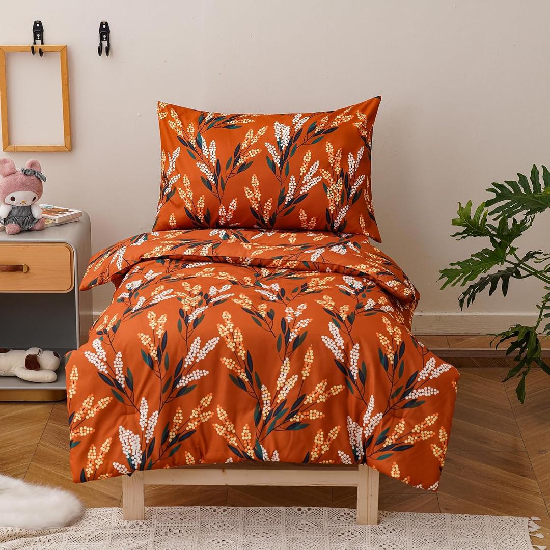 Luxlovery Toddler Comforter Set Orange Floral Botanical Kids Girls Leaves Bedding Set Bed Set for Dorm 4 Pieces (1 Comforter, 1 Flat Sheet, 1 Fitted Sheet, 1 Pillowcase)