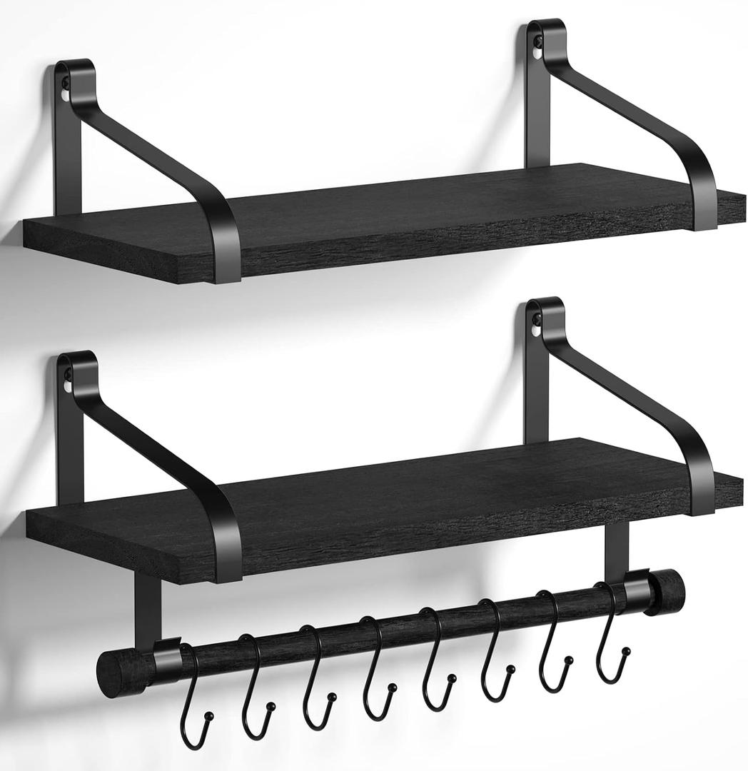 Love-KANKEI Floating Shelves for Coffee Bar,Bathroom Shelves with Towel Bar, Wall Shelves with 8 Hooks for Kitchen, Storage Shelf Set of 2 for Bedroom,Living Room17.3 Inch Black