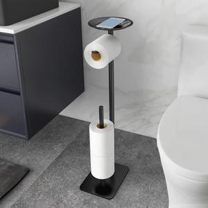 Toilet Paper Holder Stand for Bathroom Floor Standing Toilet Roll Dispenser Storages 4 Reserve Rolls, with Top Storage Shelf for Cell Phones, Wipe, Wallet and More(Black)