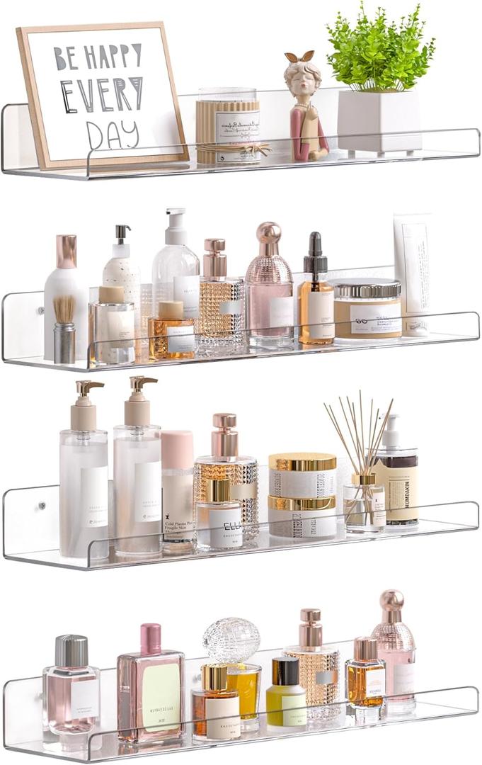 Upsimples Acrylic Shelves for Bathroom Storage, 15" Floating Shelves Wall Organizer for Perfume, Make up, Skincare, Kids Bookshelf for Bedroom, Nursery, Living Room Decor, Clear, 4 Pack