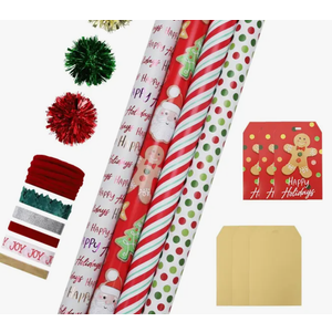 LaRibbons Christmas Wrapping Paper Sets, Gingerbread Man & Polka Dot & Stripes Design with Ribbons & Gift Tags & Metallic Pom Pom for Christmas, Holiday, 30Inch × 10Feet（ 4 Rolls: 100 Sq.Ft.Ttl）
