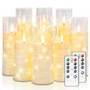 Raycare Flameless Candle with Remote Timer – 9 Flickering Acrylic Battery Operated LED Pillar Candles with Embedded Star String for Valentine's Day, Home Decor, and as a Gift (Ivory)