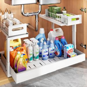 1 Pack Expandable Under Sink Organizers Storage With Upgrade Ball-Bearing Slide Tracks,2-Tier Pull Out Under Cabinet Organizer Height Adjustable,Not Suitable For Cabinets With Partitions In The Middle (White)