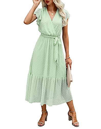 BTFBM Women Summer Bohemian Floral Casual Wrap V Neck Ruffle Cap Sleeveless Belt A-Line Pleated Hem Swing Midi Sun Dress (Swiss Dot Light Green, L)