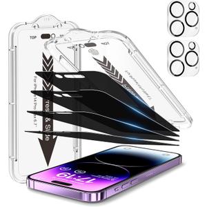 EZ-GLAZ 4-Pack for iPhone 14 Pro Max Privacy Screen Protector [6.7"] with Flawless Fit Kit + 2-Pack Camera Lens Protector, 15-Second Bubble-Free Installation, 9H Hardness, 12FT Military Grade Shatterproof, Scratch Resistant, Tempered Glass