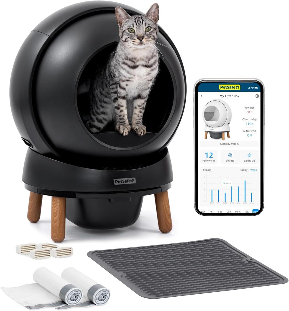 PetSafe ScoopFree SmartSpin Self-Cleaning Litter Box Bundle, Black Odor Control App Controlled Up to 2 Weeks of Hands-Free Cleaning Includes Litter Mat, 50 Waste Bin Liners, 4 Deodorizers