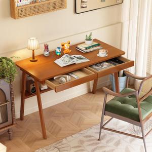 100% Solid Wood Writing Desk - 47.2" Mid Century Modern Desk, Home Office Desks with 2 Drawers and Storage Shelf, Small Computer Desks, Study Makeup Workstation for Bedroom/Living Room, Walnut