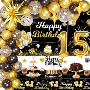 15th Birthday Decorations for Boys, 15 Birthday Decorations Include Black and Gold Backdrop Banner, Tablecloth, Gold 15 Number Balloons, Explosion Star Balloons
