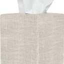 Tissue Box Cover, Cute Beige Linen Fabric Decorative Square Tissue Box Holder/Organizer for Bathroom Vanity Countertop/Office/Nightstand/Desk