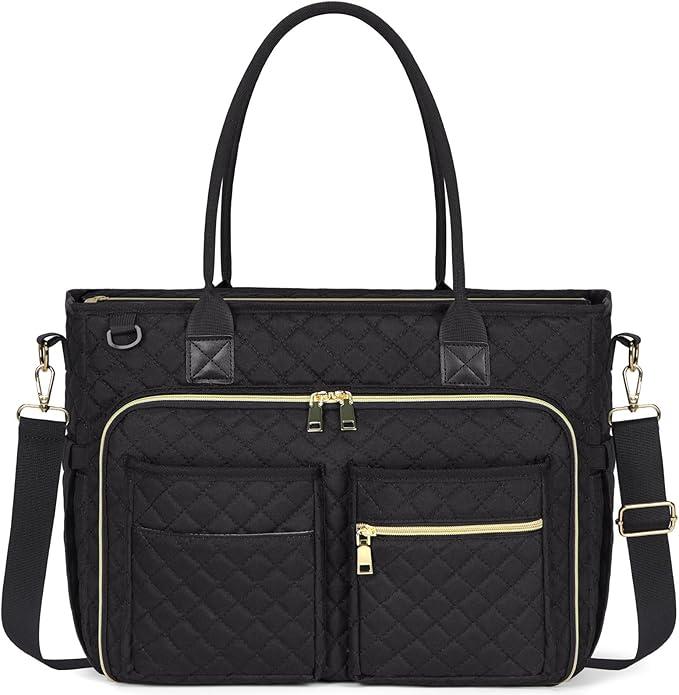 Multi-functional Quilted Tote Bag: 15.6" Laptop Work Bag, Nurse Bible Bag, Teacher Shoulder Handbag for School/Travel (Black)