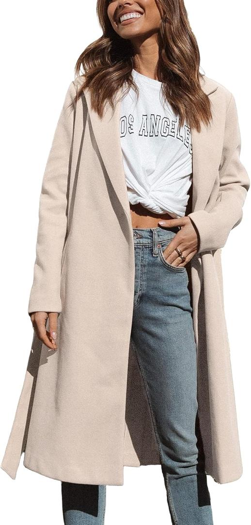 Majdan Women's Notch Lapel Wool Blend Coat Mid Long Winter Overcoat Oversized Peacoat Belted Long Jacket (X-Large, Beige)
