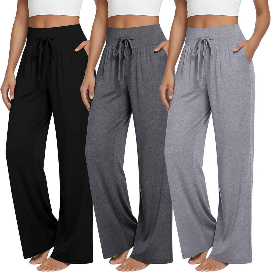 3 Pack Women's Lounge Pants Wide Leg Yoga Pants Loose Drawstring High Waisted Pajama Bottoms with Pockets (X-Large, Black, Dark Heather Gray, Light Heather Gray)