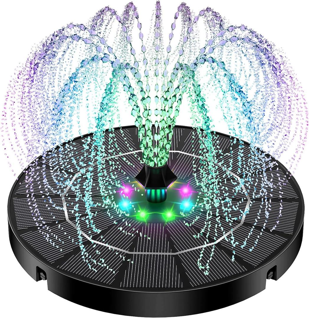 Solar Fountain with Colorful Lights,High Efficiency Solar Water Fountain with 2200mAh Battery 7 Nozzles and 4 Fixer,Solar Fountain for Bird Bath Garden Outdoor Dcor
