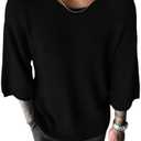 Verdusa Men's Drop Shoulder 3/4 Sleeve Sweaters Crew Neck Ribbed Knit Tops (Black, X-Large)
