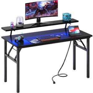 DlandHome 47" Computer Desk with Power Outlets & LED Lights, Black, Bedroom