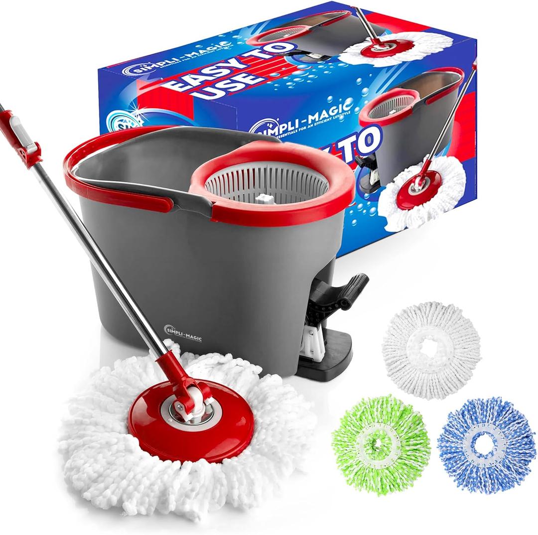 SIMPLI-MAGIC 79349 Spin Mop Cleaning System with 3 Microfiber Mop Heads, Red/GRAY,Red/Black