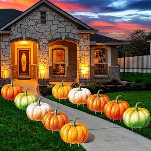 10 Pcs Thanksgiving Day Pumpkin Yard Decorations Outdoor with Stakes Fall Yard Signs with LED Lights Lawn Garden Decorations for Autumn Holiday Party Harvest Path