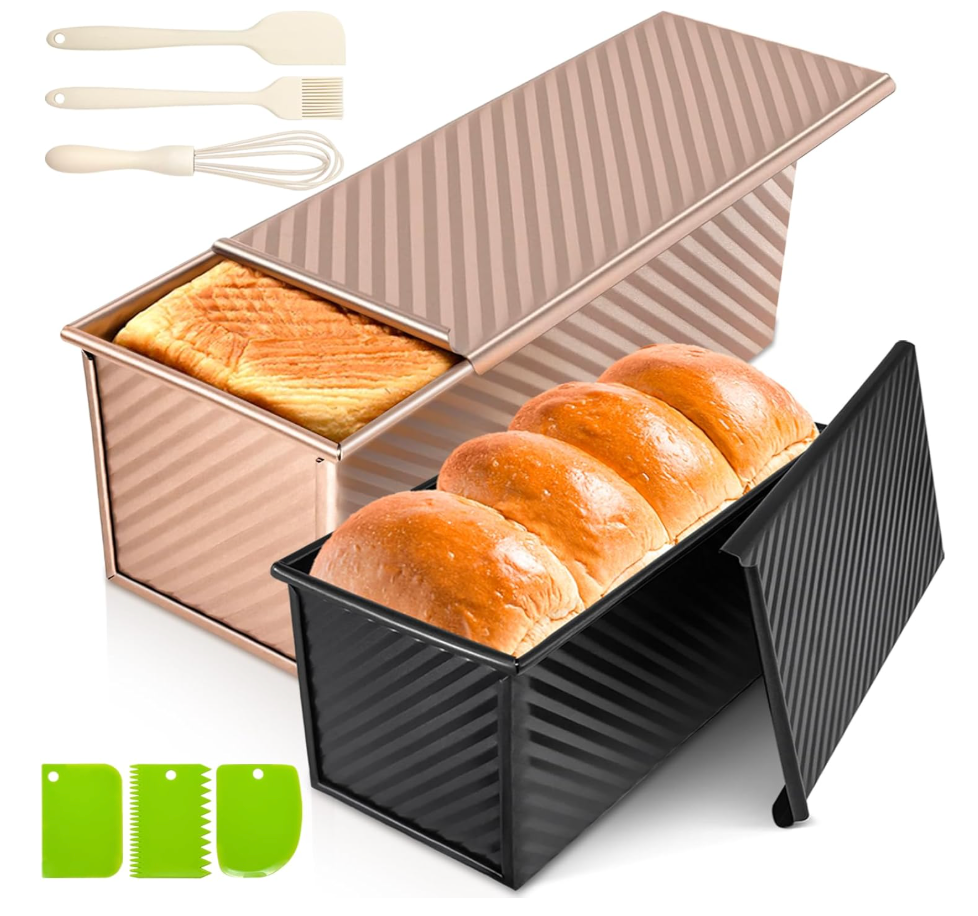 Dipanist 2Pack Pullman Loaf Pans with Lids – 2.2 LB & 1 LB Dough Capacity, NonStick Carbon Steel Bread Pans for Homemade Sandwich and Sourdough Bread, Corrugated Toast Mold