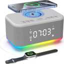 Wireless Charging Alarm Clock Bedroom, Digital Alarm Clocks Bedrooms Bluetooth, Loud Bluetooth Speaker Alarm Clock Night Light Dual Alarm Snooze 12/24H Dimmer Bluetooth AUX USB Charging, Grey
