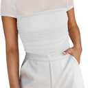 REORIA Women's Sexy Mock Turtle Neck Short Sleeve Shirts Sheer Mesh Ruched Trendy Going Out Bodysuits Tops (White) S