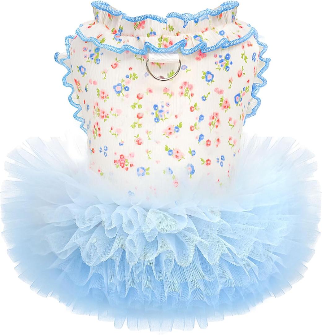 Floral Dog & Cat Dress with Tutu Skirt - Breathable Stretch Pet Clothes for Small Dogs Girl Cats & Puppies Birthday Party Outfit (Blue,Blue,Large)