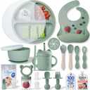 Remonda 23-Piece BPA-Free Silicone Baby Feeding Set | Extra Large Suction Plates, Toddler Bowls, Self Feeding Spoons, and More | Dishwasher Safe| Baby Led Weaning Supplies (Green01)