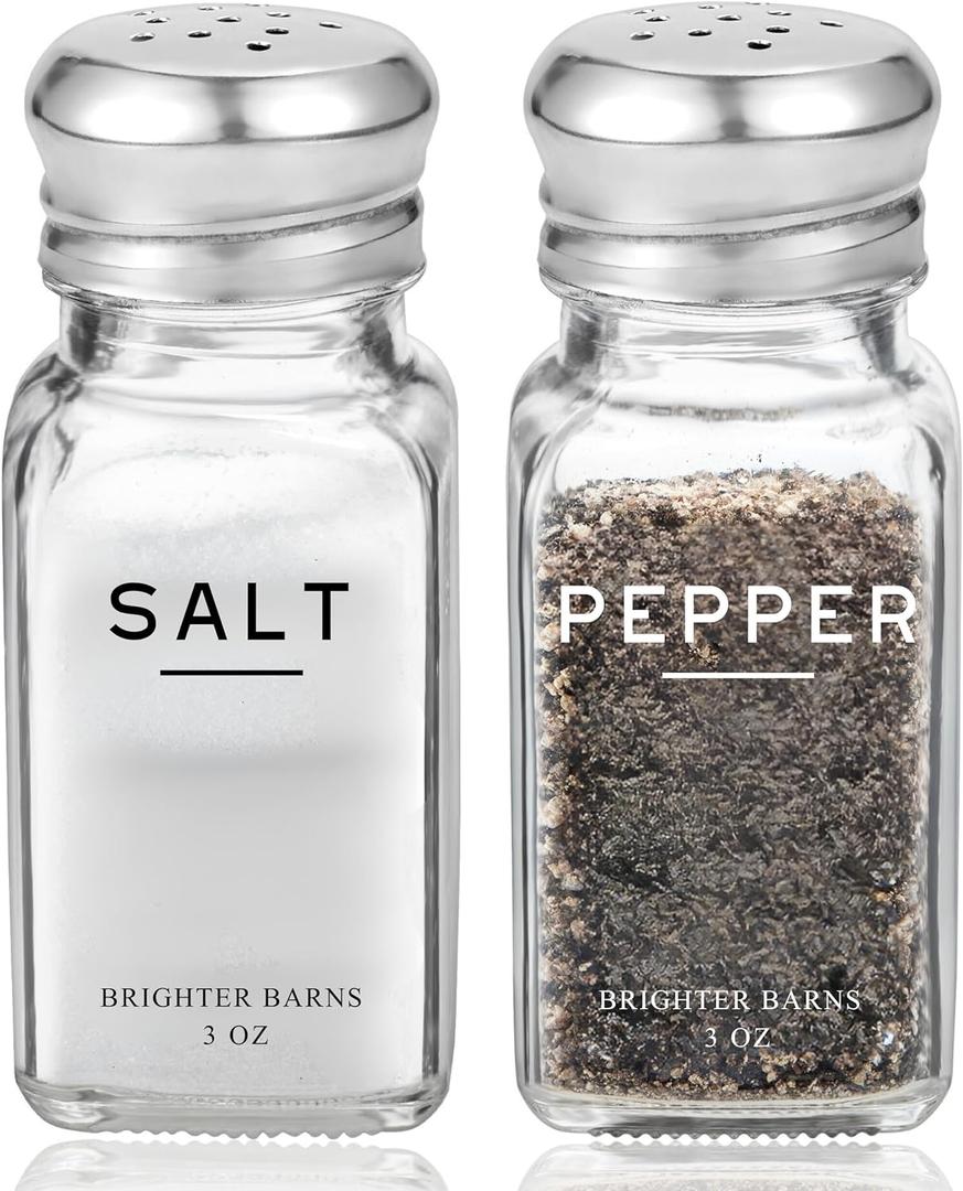 Glass Salt and Pepper Shakers Set by Brighter Barns - Modern Kitchen Decor, Dining Table Countertop Accessory - Rustic, Farmhouse, Vintage Glass Shakers with Stainless Steel Lids for Home, Restaurant (Clear)