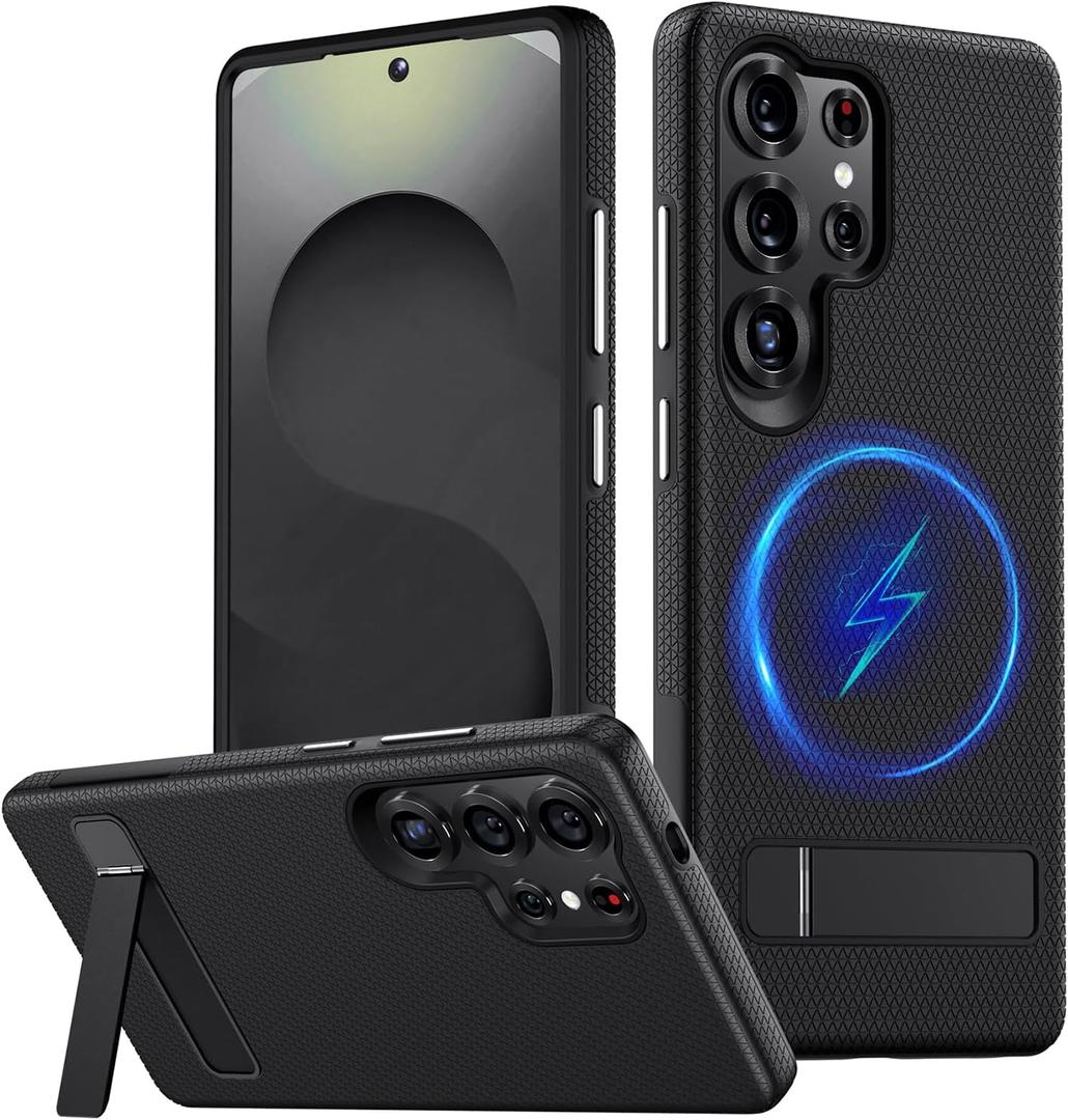 for Samsung Galaxy S25 Ultra Magnetic Case, [Fit for Magsafe] Military Grade Dual-Layer Shockproof Protective with Non Slip Textured Back, Phone Case with Kickstand for S25 Ultra (Black)