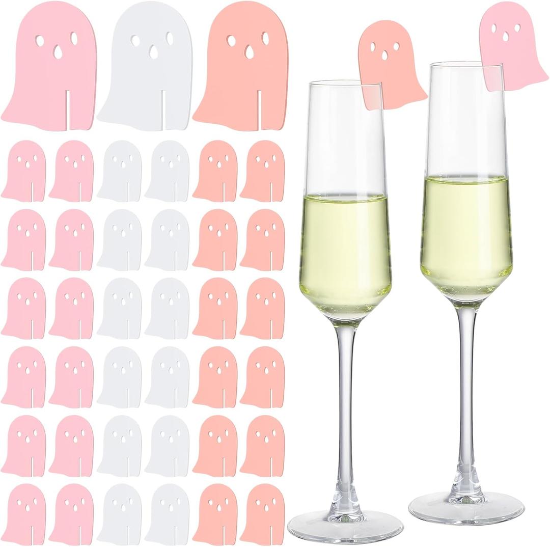50 Pcs Halloween Party Drink Markers Pink Ghost Wine Charms Party Favors Ghost Drink Tags Reusable Wine Glass Charms for Halloween Birthday Decorations
