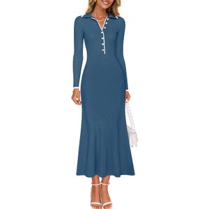 ZESICA Women's Long Sleeve Sweater Dress 2026 Fall V Neck Ribbed Knit Casual Formal Cocktail Bodycon Maxi Dresses, Large 