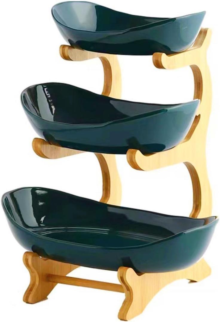 YWHWXB Multi-Layer Fruit Bowl with Natural Bamboo Rack,Plastic Wooden Frame Candy Plate,Large Capacity Snack Bowl Set,Bamboo Food Serving Tray for Kitchen Counter (Green, Triple Layer)