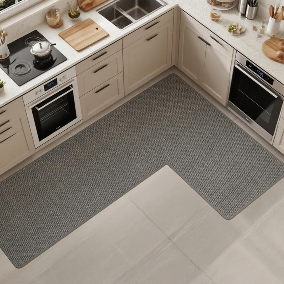 Anti-Slip Corner Kitchen Rug, 1 Piece L-Shaped Floor Mats,Super Absorption Linen Corner Mat for Home,Kitchen (Grey Left-L, 39''X59''X18'')